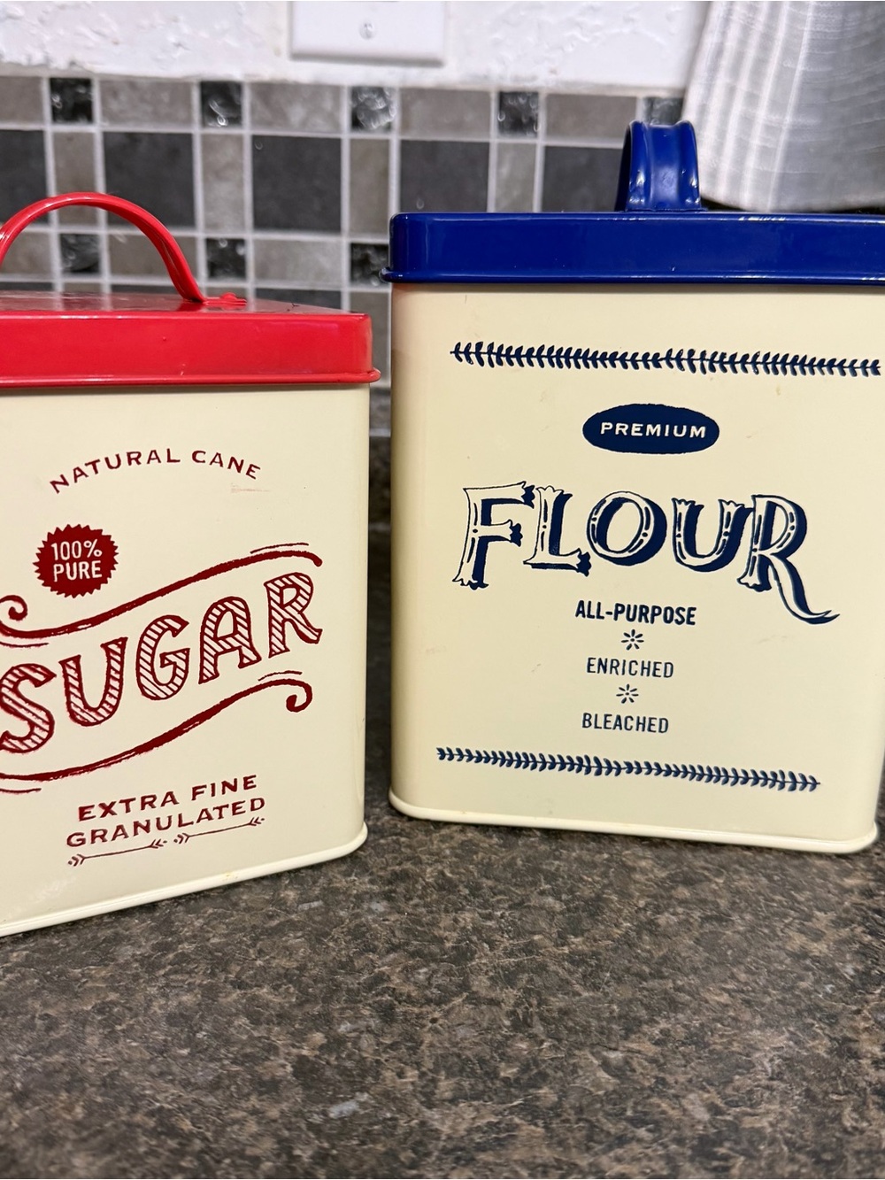 Vintage Inspired Retro Metal Sugar & Flour Canister Set Cream Red Blue